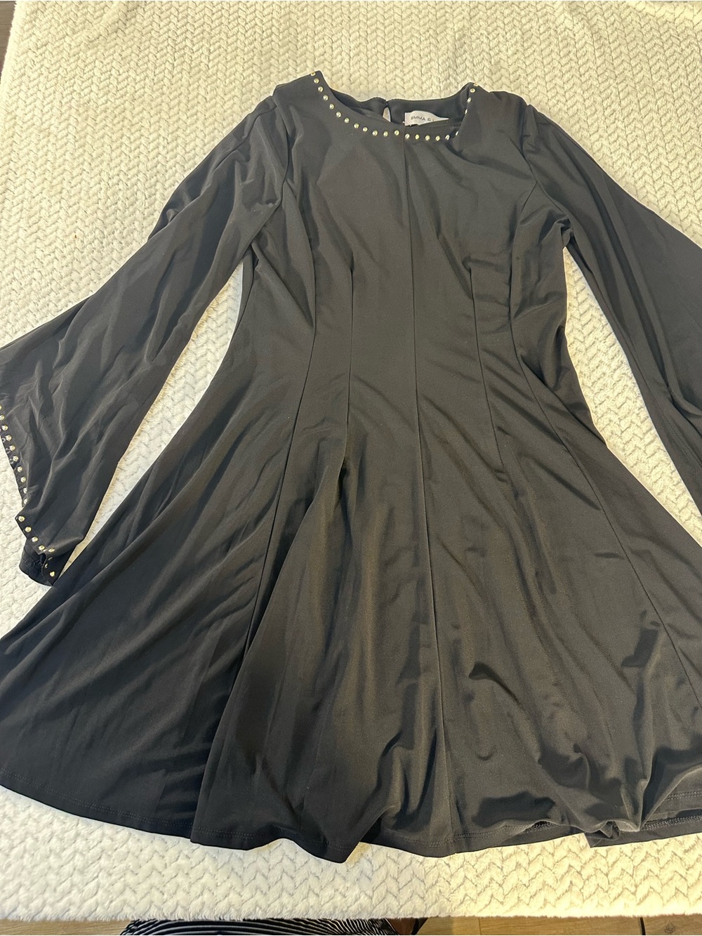 Emma & Michelle Black Flare Dress Gold Studs Size L Elegant Bell Flare Sleeve